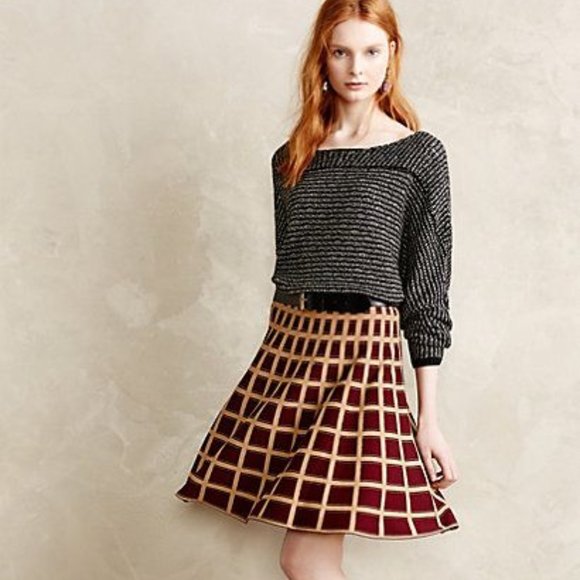 ANTHROPOLOGIE Windowpane Skater Skirt Sweater Knit Brown Tan Petite by Moth NEW - Picture 1 of 8
